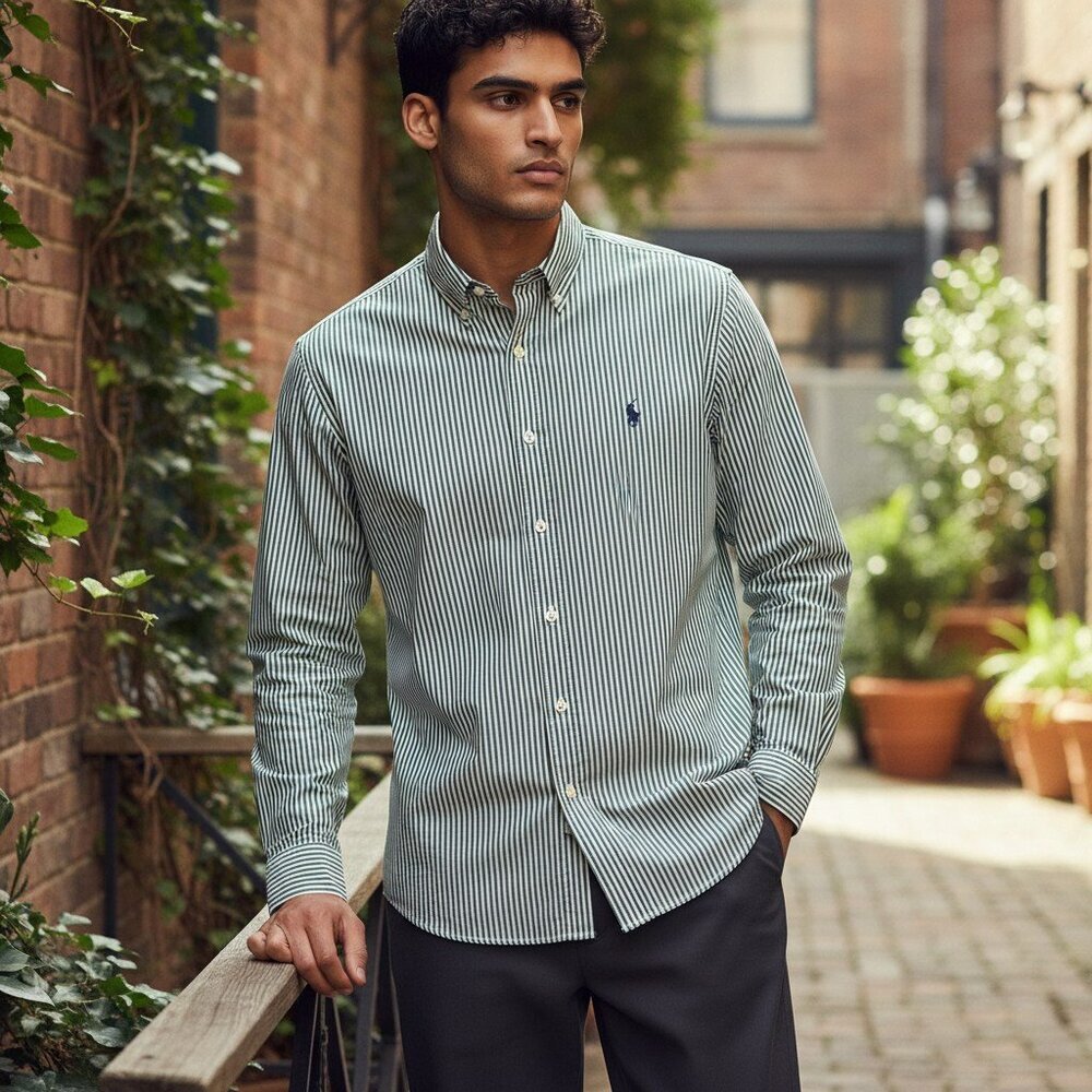 Ralph Lauren 16 34 35 Green White Stripe Yarmouth Button Down Large Shirt